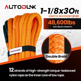 Autodunk 1-1/8" x 30' Kinetic Recovery Tow Rope (48,600lbs), with 2 Soft Shackles Offroad Recovery Kit for 4WD Pick Up Truck, SUV, ATV, UTV (Orange)