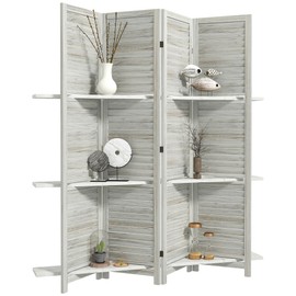 HOMCOM 4 Panel 67" Tall Wood Room Divider, Privacy Screen with 3 Display Shelves, and Folding Storage for Bedroom or Home Office, Distressed White