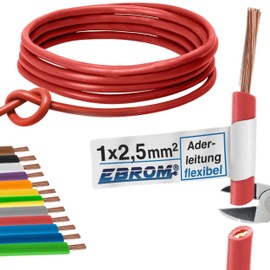 Flexible PVC Cable H07V-K 2.5 mm² – Colour: Red – Various Lengths Available in 5 Metre Steps – Length: 20 m 2.5 mm²