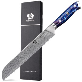WILDMOK Damascus Serrated Steel Bread Knife, 8 Inches Serrated Bread Knife, Ergonomic Full Tang Resin Handlecolor: Blue, kitchen knife size: 8 inch