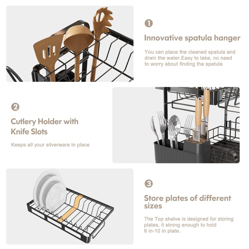 BOOSINY Dish Drying Rack, 2 Tier Large Stainless Steel Black