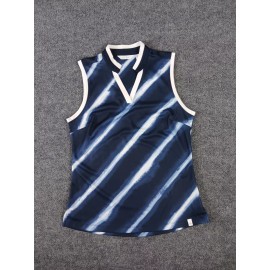 LADY HAGEN PRINTED STRIPE SLEEVELESS POLO NAVY, BLUE & WHITE EXTRA SMALL
