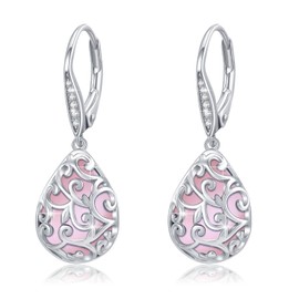 REDSUN Pink Gemstone Earrings for Women 925 Sterling Silver Tear Earrings Filigree Drop Earrings with Zirconia Buckle Jewellery for Women Girls, Silver, Cats Eye
