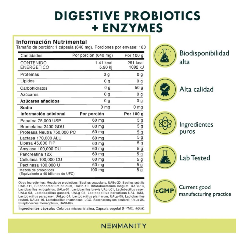 Probioticos Con Enzimas 40 Billones Newmanity 180 Caps Sin Sabor