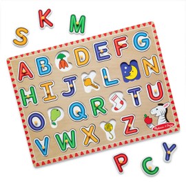 Melissa & Doug Lift & See Alphabet Wooden Peg Puzzle (26 pcs) Toddler and Preschool Puzzles for Ages 1+ - FSC-Certified Materials