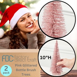 2 Pieces Pink Glittered Bottle Brush Trees for Christmas Decorating and Holiday Displays - 10 Inches High