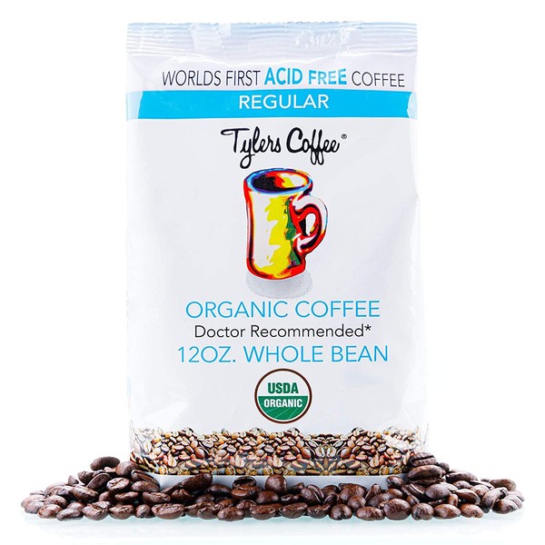 Tyler’s No Acid Organic Coffee Beans - 100% Arabica Full Flavor - Neutral pH - No Bitter Aftertaste - Gentle on Digestion, Reduce Acid Reflux - Protect Teeth Enamel - For No Acid Diets - 12 oz