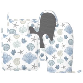 OWAGONGJE Nautical Beach Oven Mitts and Pot Holders Set, 4pcs Silicone Coastal Coral Starfish Oven Glove for Kitchen Heat Resistant Ocean Oven Mitts and Non-Slip Potholders Blue Grey White