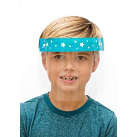 INTEGRITY UNITED | Kids' PET Reusable Clear Protective Safety FaceShields Designs for Boys & Girls, Lightweight High Transparency Wrap-Around Splash Cover Anti-Fog Visor Headband (120, Blue Star)