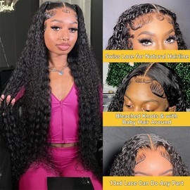 KTOOYKE Deep Wave Lace Front Wigs Human Hair for Women 24 Inch Hd Lace Frontal Wig 13x6 Deep Curly Wig Human Hair Lace Front Wigs Pre Plucked 180 Density Natural Color