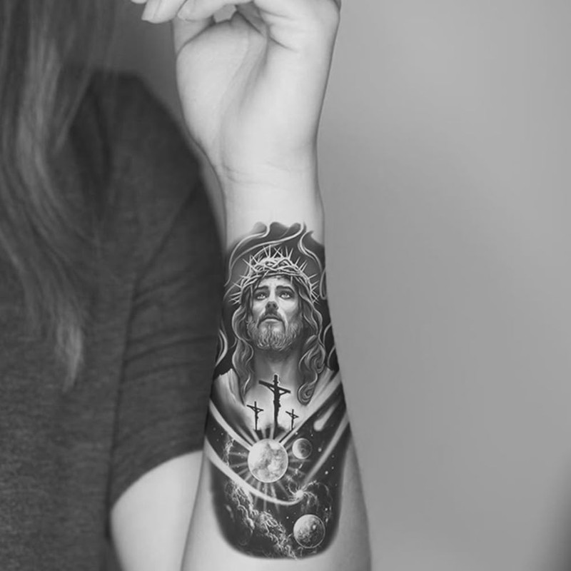 Oottati 2 Sheets Waterproof Arm Temporary Tattoo Stickers Jesus God