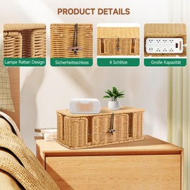 Handmade Cable Box, Rattan Cable Management Box, Under Desk Cable Organiser Box, Generic, 4 Open Slots Cable Hidden Box, Suitable for Hiding, Organising, Desk Socket Box