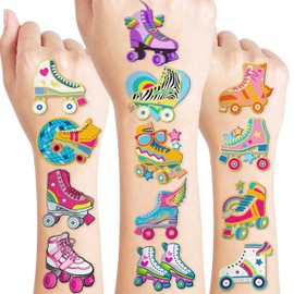 60 PCS Roller Skate Skating Pre-Cut Temporary Tattoos Themed Birthday Party Favors Decorations Supplies Decor Retro 80s 90s Disco Skateboard Tattoo Stickers Gifts For Boys Girls Class