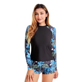 Mexholin Rash Guard for Women Sun Protection UPF 50+ Quick Dry Long Sleeve Swimsuits Built in Bra Blue Flower L