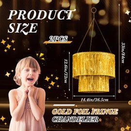 Rossesay 2 Pcs 2 Tier Fringe Tinsel Chandelier Iridescent Foil Party Disco Ball Decor Chandelier Decoration Metallic Foil Shimmering Bachelorette Party Decor Photo Booth Supplies(Gold)