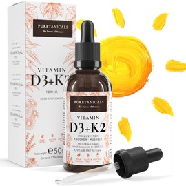 Puretanicals Vitamin D3+K2 Tropfen (50ml) - 1000 IE Vitamin D3 & 40 μg K2 pro Tropfen hochdosiert - Langzeitvorrat 1700 Tropfen - in MCT-Öl aus Kokos, Cholecalciferol flüssig, ohne Zusätze hergestellt