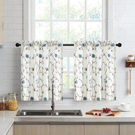VOGOL Blue & White Tier Curtains, 30 Inches Length Tiers for Kitchen Cafe Windows, Blue Blossom Embroidered Half Bathroom Window Curtain Panels, Rod Pocket, 2 Pieces, 30 x 30