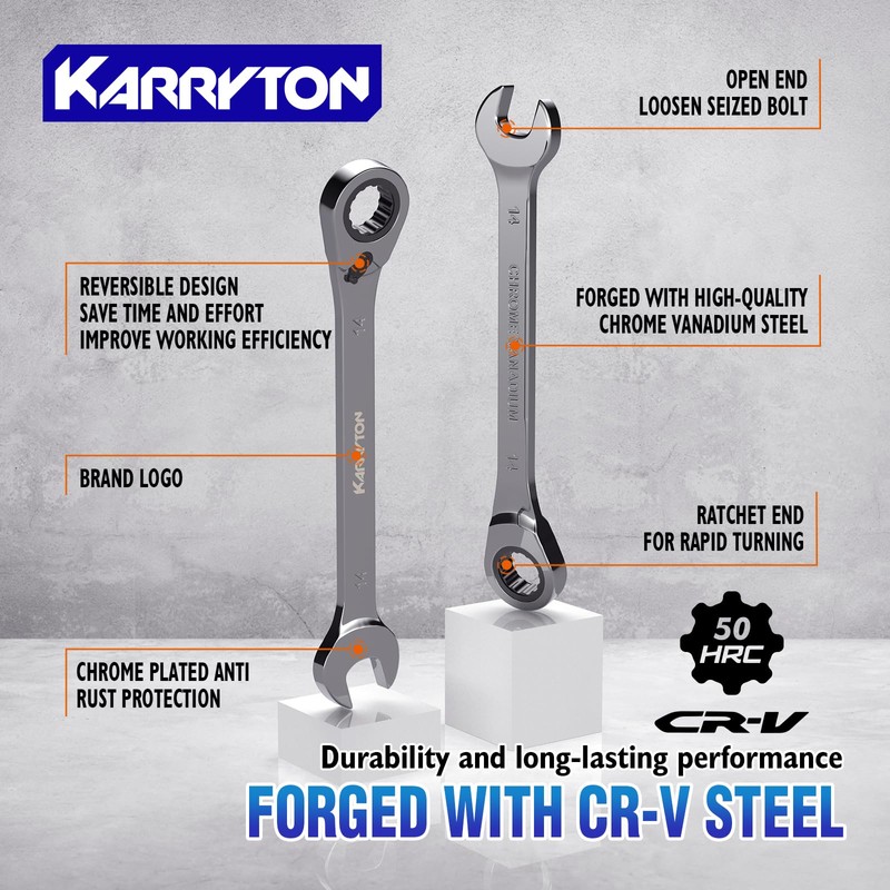 KARRYTON 16-piece Reversible Ratcheting Wrench Set Metric 8-25mm, 72 Teeth