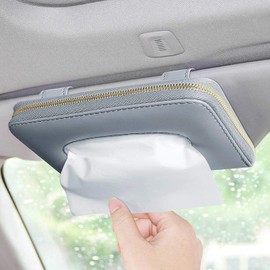 Fredyusu Soporte para pañuelos de Coche, Soporte para Caja de pañuelos, Funda de Piel de Primera Calidad con Cierre para Parasol y servilleta, Accesorio para Coche, Gris