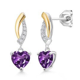 Gem Stone King 925 Sterling Silver and 10K Yellow Gold 6MM Heart Shape Gemstone Birthstone and White Lab Grown Diamond Dangle Earrings For Women