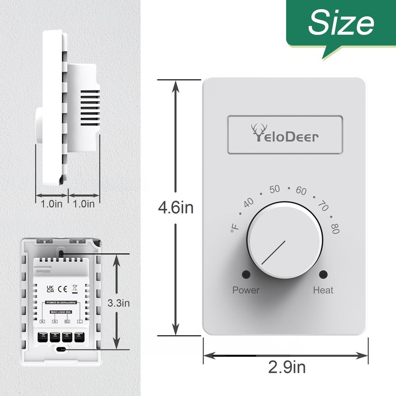 YeloDeer Dual Voltage (110V-265V) 4-Wire Manual Electric Baseboard Heater Thermostat