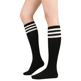 Zando Outdoor Athletic Socks for Women Soft Knee High Socks Tall Athletic Socks Stripes Tube Socks Extra Long Knee Socks Outdoor Boot Socks Elastic Knee High Stockings Black White One Size