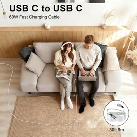AIAUXAI 30ft USB C Cable,Extra Long 60W USB C to USB C Charging Cable,White
