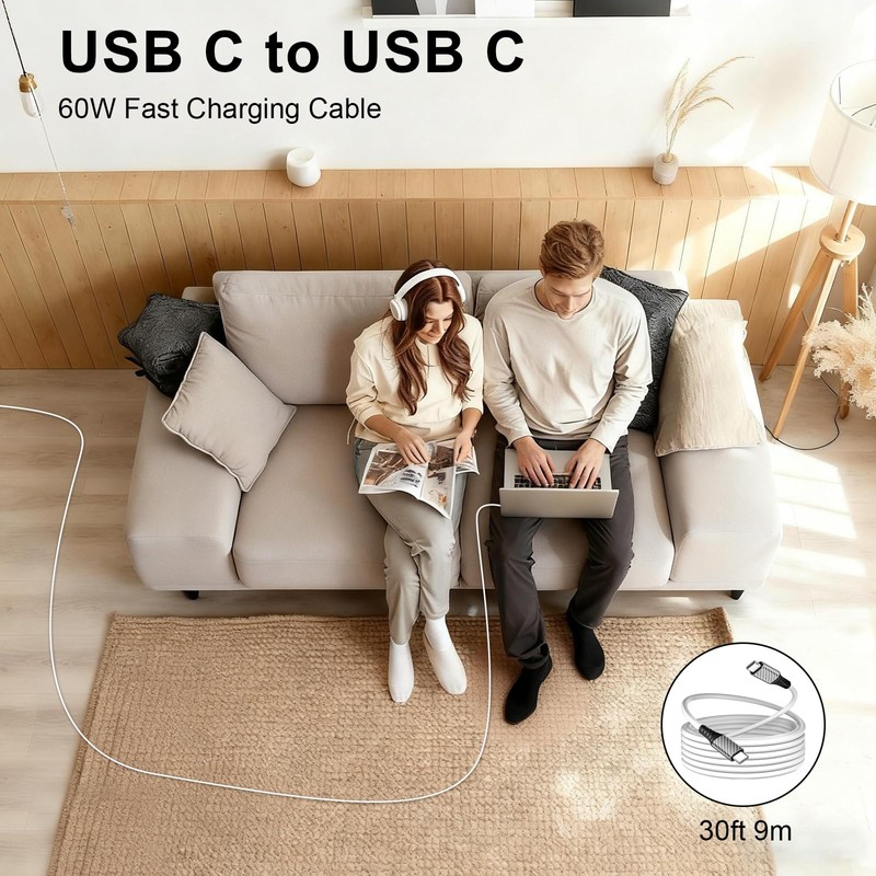 AIAUXAI 30ft USB C Cable,Extra Long 60W USB C to