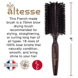 Altesse 2418P Boar Bristle Round Brush for Blow Drying (70mm) Extra Large Dark Beechwood Handle 18 Rows Boar Bristle Hair Brush Round Hair Brush for Women Long Hair of All Types. Handmade in France