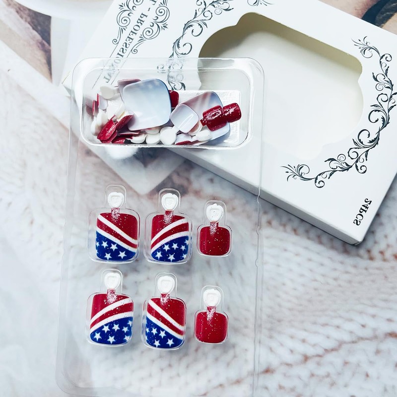 24Pcs 4th of July Press on Toenails Short Square Fake