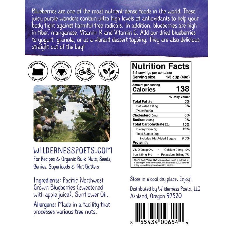 Wilderness Poets Oregon Blueberries (Sweetened with Apples) - Whole, Dried,