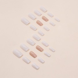 Resweky Medium Complete False Nails Pink Nude Square Shiny French Pressure for Women (White and Sequin)