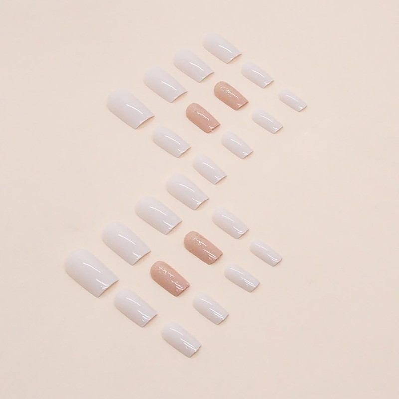 Resweky Medium Complete False Nails Pink Nude Square Shiny French