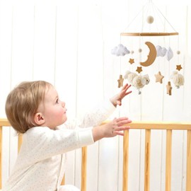 Herfair Mobile Baby Bed Bell with Stars Moon Sheep Wood Girls Hanging Mobile Wind Chime for Baby Cot Bed (Beige)