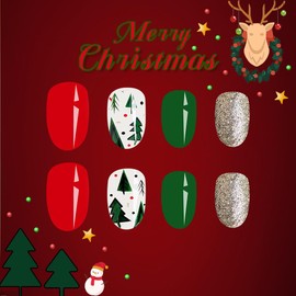 TENPAL Christmas Press on Nails Short Almond Glitter Green Red Nails Press Ons Full Cover Oval Glossy Fake Nails with Christmas Tree Polka Dot Detachable 24pcs Glue on Nails New Year Stick on Nails