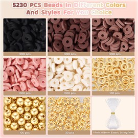 Funtopia 5200+ Pcs Brown Clay Beads Bracelet Making kit, Heishi Beads Polymer Clay Beads for Jewelry Making, Friendship Bracelet Kit with Gold Beads Charms for Girls Adults (6mm)