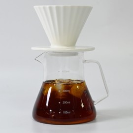 Ceramic Pour Over Coffee Dripper Size 01 with 400ml Glass Coffee Pot | Porcelain Cone Brewer for V60 | Pour Over Coffee Maker | Filter Size 1 (White, 1-2 Cups)