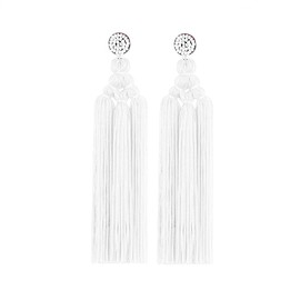 Long Woven Tassel Fringe Drop Dangle Earrings Large Beaded Chandelier Handmade Knot for Women Statement Bohemian Thread Layered-White