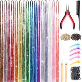 Kit de extensiones de cabello de oropel (16 colores, 4800 hebras, 48 pulgadas), kit de extensiones de cabello de oropel brillante de color metálico co