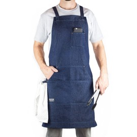 Hudson Durable Goods Adjustable Crossback Denim Apron with Pockets – 34 x 27 In. Chefs Apron with 4 Pockets and Loop Fits Most – Indigo Denim Apron for Men and Women in Home or Commercial Settings