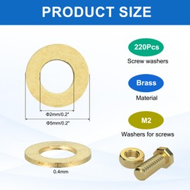 MECCANIXITY 220 Pack Brass Flat Washer, M2 Copper Washers Crush Washer Kit Assortment, 2mm ID, 5mm OD, 0.4mm Thick for Bolts Screws Machinery Repair, Outdoor Construction