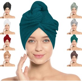 LOOM KNIT Hair Towel Wrap Turban, Instant Drying 100% Cotton Hair Cap Super Quick Absorbent Anti-Frizz Twist Toweling Dry Hat with Button and Loop for Long Curly Hairs, 64 x 24CM