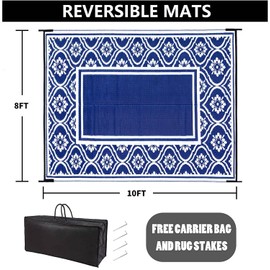 HUGEAR Outdoor Rug 8x10 Patio Waterproof Mat Camping Carpet Outside Area Rug Reversible Light Blue Rugs for RV Deck Entryance Porch Picnic Balcony Beach