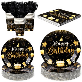 Vesici 120 Pcs Happy Birthday Party Supplies Disposable Party Tableware Serves 24 Included 7 Inch 9 Inch Plates Napkins Cups Forks for Men Woman 50th Birthday Party Decorations (Black and Gold)