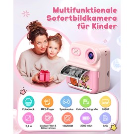 Kotopa Children's Camera Instant Camera 1080P HD 2.4 Inch Double Lens Instant Camera Children with 32GB Card and 3 Rolls of Printing Paper Children's Toy Gifts for Boys Girls 3-12 Years (1 Pack)