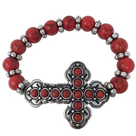 Gypsy Jewels Beaded Sideways Cross Stretch Bracelet - Assorted Colors (Red Stone - Dot)