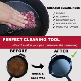 BabriInta Limpiador de hierro fundido, acero inoxidable 316 de alta calidad, juego de estropajos de hierro fundido de cadena de silicona para sartén de hierro fundido, cepillo rascador de metal para kit de herramientas de esponja de limpieza de hierro fu