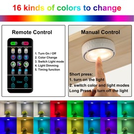 Onumii Puck Lights with Remote Battery Operated ED Under Cabinet Lighting Wireless Stick on Color Changing Timer Tap Lights for Cabinets Shelves Closets Display Case - 2Pack White