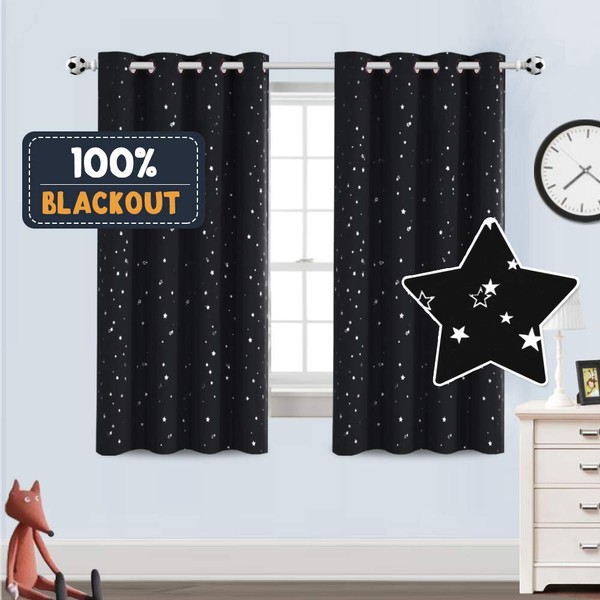 Blackout Kids Curtains for Bedroom Thermal Insulated Silver Twinkle Star Curtains for Boys Antique Grommet Top Window Treatment 2 Panels Drapes for Nursery, Soft Thick (52"W x 63"L, Black/Silver)
