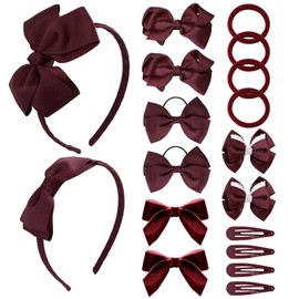 phnydreg Girl Dark Red Hair Bow Accessories 18 Pieces Uniform Hair Bows Hair Clips Headband for School Toddler Girls